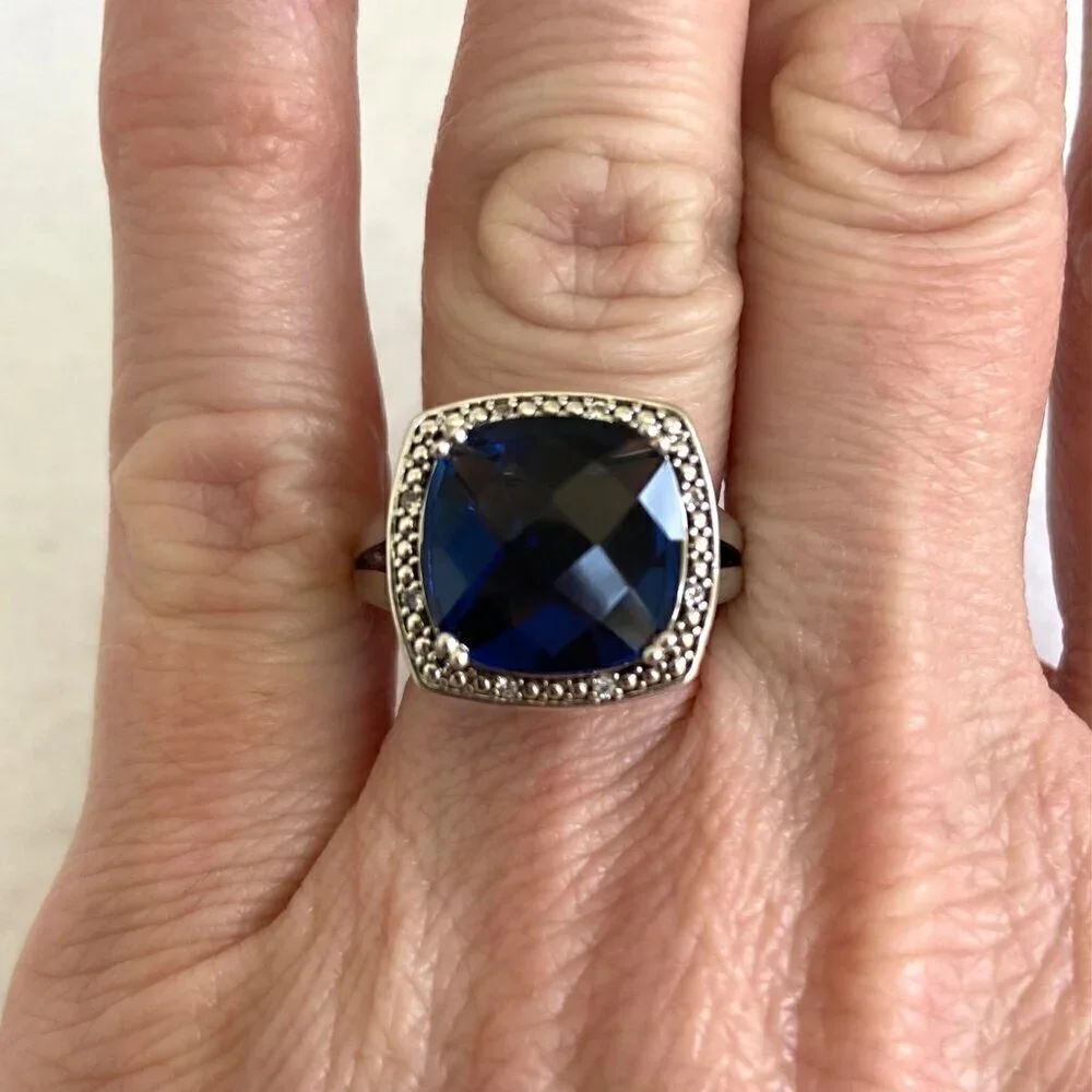 Sterling Silver 925 P☆M Blue Cubic Zirconia & Diamond Accent Stone Ring Sz 7